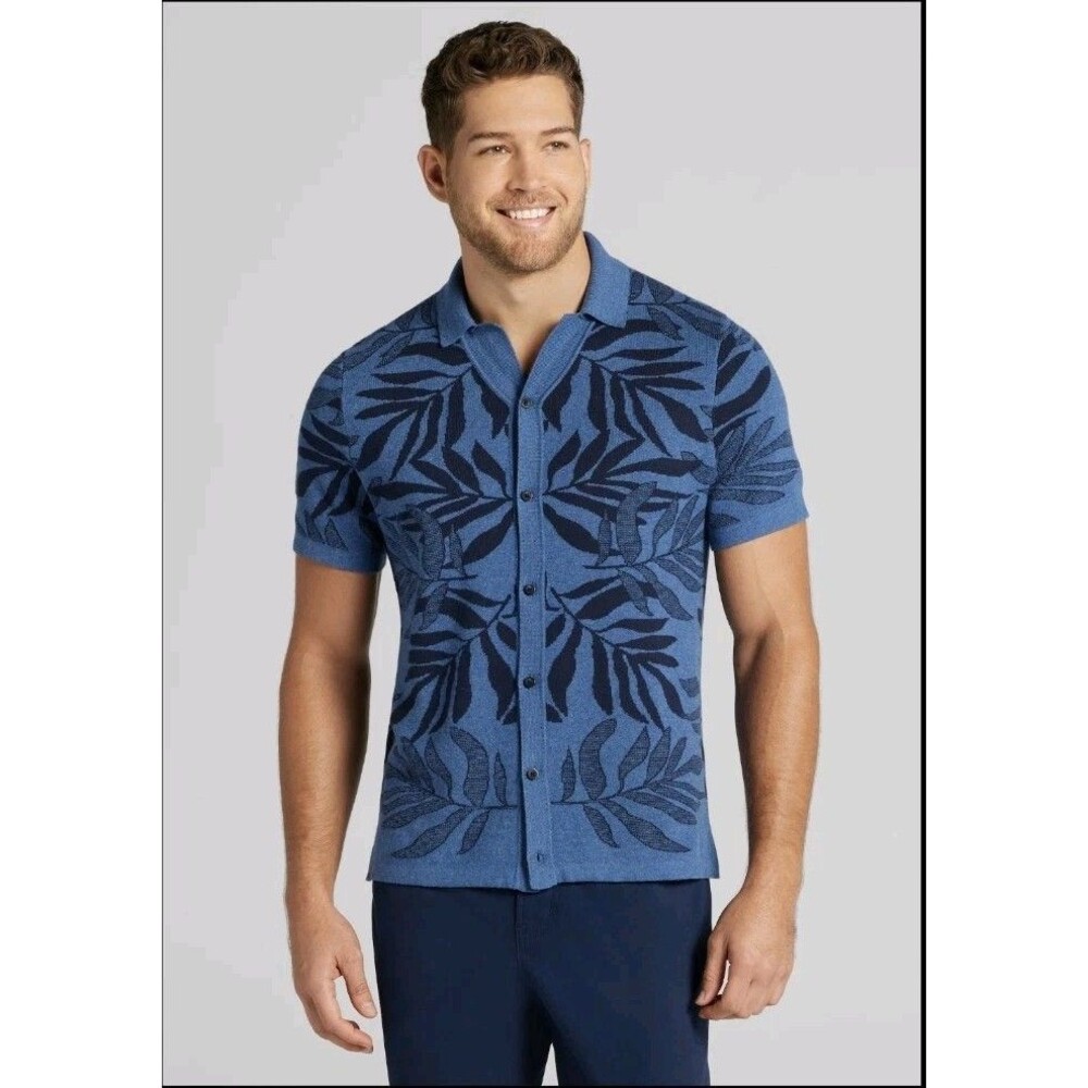 Jos.A. Bank Men's Knit Short Sleeve Collared FloralSweater Blue  L New